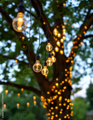 Decorative outdoor string  lights hanging on tree, Dreamy, with white tones