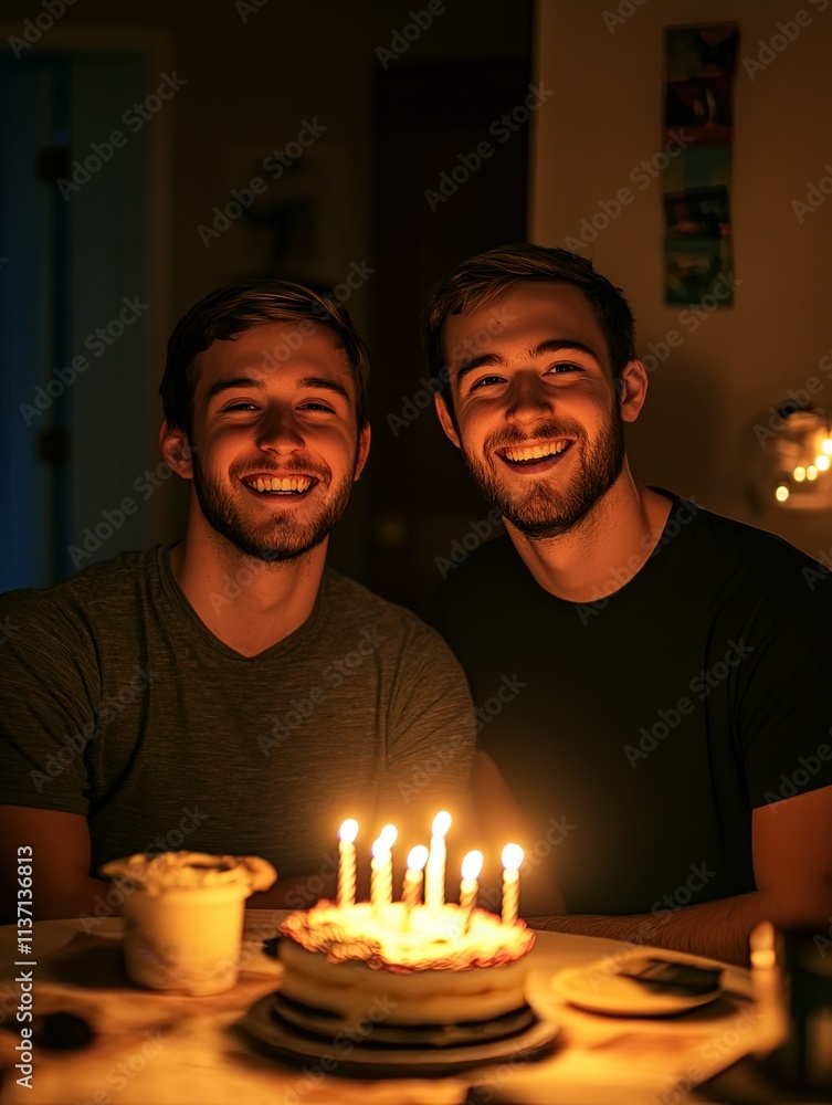 A photograph of two smiling men sitting at a table in an apartment, with dim lighting. A birthday cake is visible on one side of them A photograph of two smiling men sitting at a table in an apartment, with dim lighting. A birthday cake is visible on one side of them