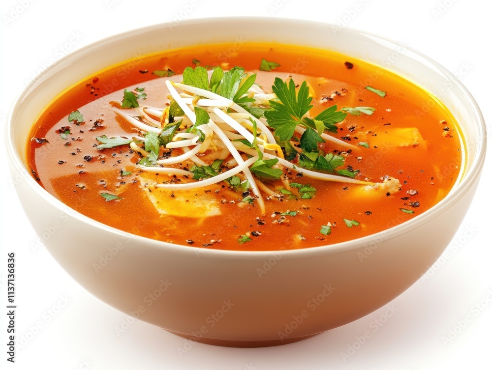 A bowl of vibrant soup garnished with herbs and sprouts, showcasing a delicious meal. A bowl of vibrant soup garnished with herbs and sprouts, showcasing a delicious meal.
