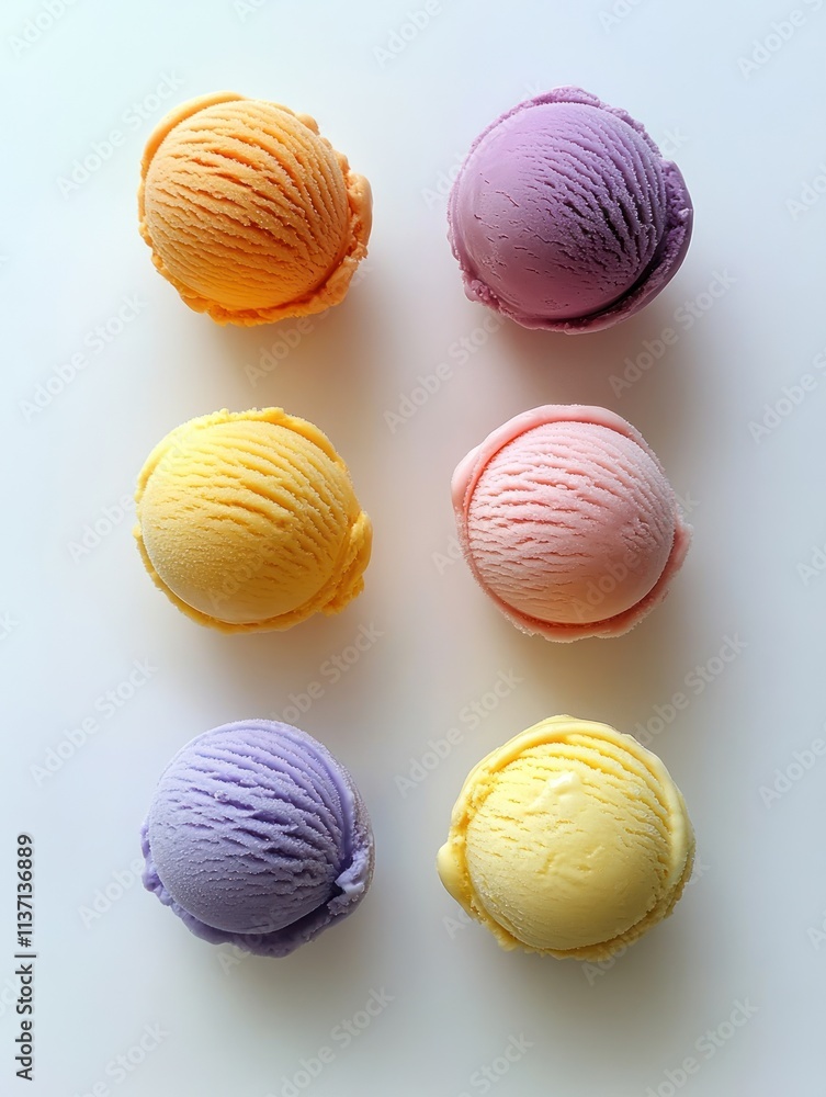 A colorful arrangement of six ice cream scoops in various flavors. A colorful arrangement of six ice cream scoops in various flavors.