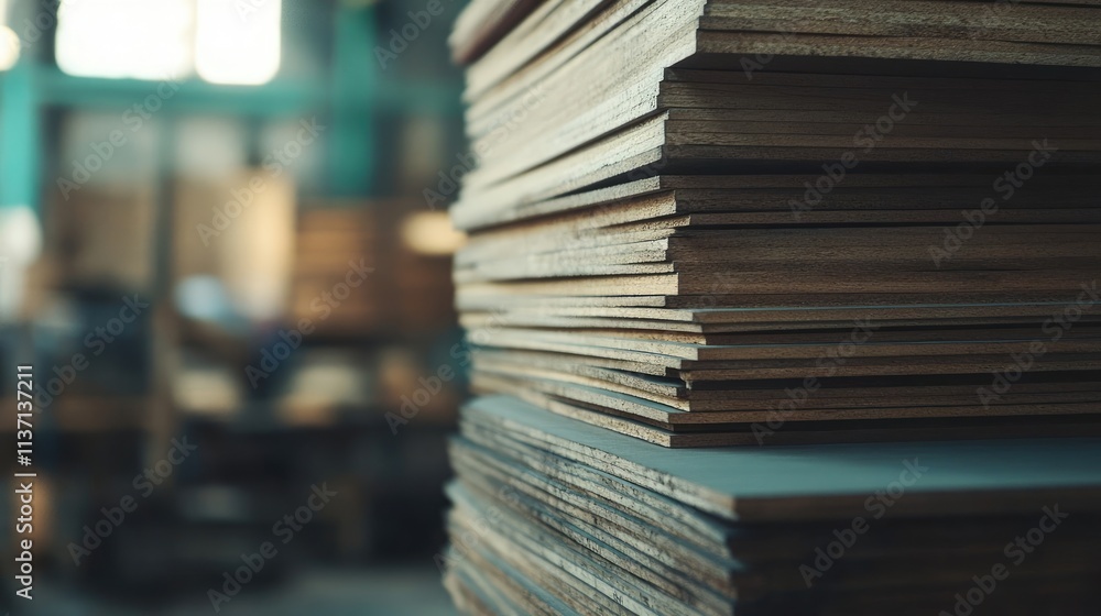 Close-up view of a large stack of plywood sheets in a workshop setting Close-up view of a large stack of plywood sheets in a workshop setting