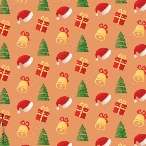 Christmas and New Years holiday vector cute pattern. Set of Christmas symbols: gift box, Christmas tree, Santa Claus hat, bell. Seamless pattern, background, wallpaper, print, decor