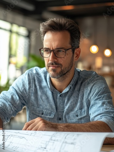 A male architect with glasses reviewing blueprints, thoughtful expression, natural daylight, blurred modern office background,