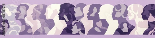 A purple banner with silhouettes of women's faces in different ages and skin tones, representing the diversity within womanhood.