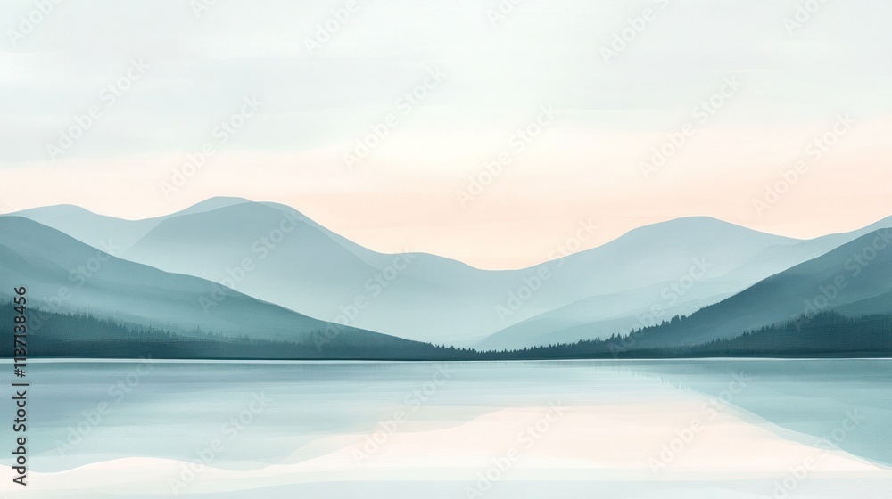 Serene Mountain Lake Landscape Soft Hues Peaceful Vista Serene Mountain Lake Landscape Soft Hues Peaceful Vista