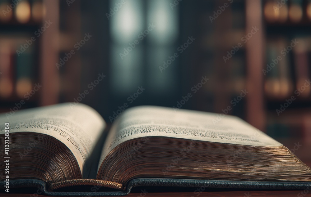 Open Book on Wooden Surface with Library Background in Soft Focus Open Book on Wooden Surface with Library Background in Soft Focus