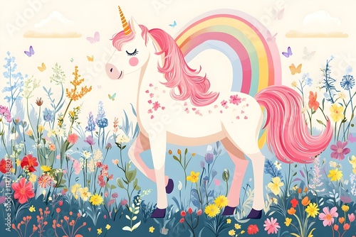 A white unicorn with a colorful mane in a fairy tale world horse, children, graphic, fantasy, pony, mane, rainbow, dream, fairy, mammal, mythology, print, silhouette, emblem, imagination, legend
