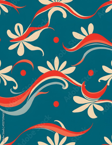 Chic retro pattern wallpaper The combination of red  blue white and flowing lines creates a dynamic and eye-catching pattern. which stimulates feelings of nostalgia for the lively beauty of that era photo