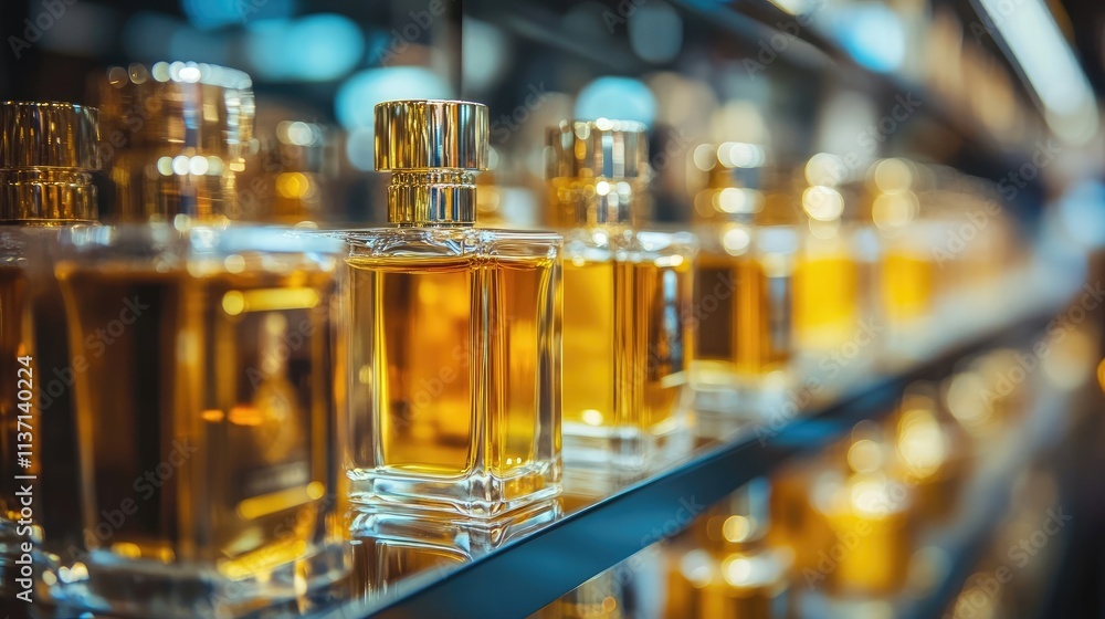 Close-up view of various elegant crystal perfume bottles with gold-toned caps arranged on a glass display shelf Close-up view of various elegant crystal perfume bottles with gold-toned caps arranged on a glass display shelf