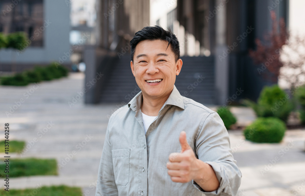 Portrait of positive asian man standing outdoors and gesturing thumb up, walking in urban city area, looking and smiling at camera, free copy space Portrait of positive asian man standing outdoors and gesturing thumb up, walking in urban city area, looking and smiling at camera, free copy space