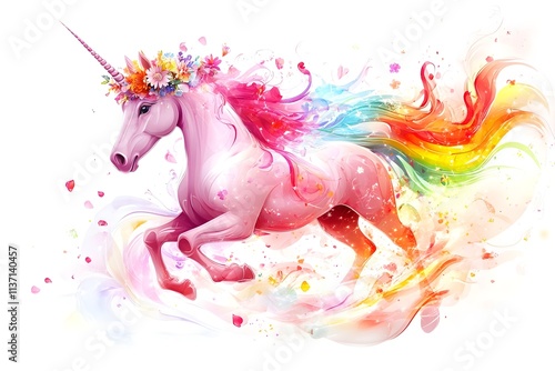 A white unicorn with a colorful mane in a fairy tale world horse, children, graphic, fantasy, pony, mane, rainbow, dream, fairy, mammal, mythology, print, silhouette, emblem, imagination, legend
