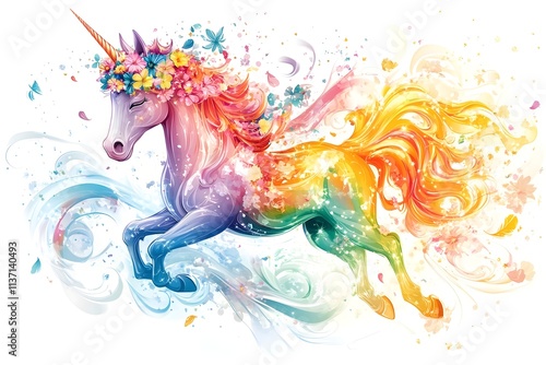 A white unicorn with a colorful mane in a fairy tale world horse, children, graphic, fantasy, pony, mane, rainbow, dream, fairy, mammal, mythology, print, silhouette, emblem, imagination, legend
