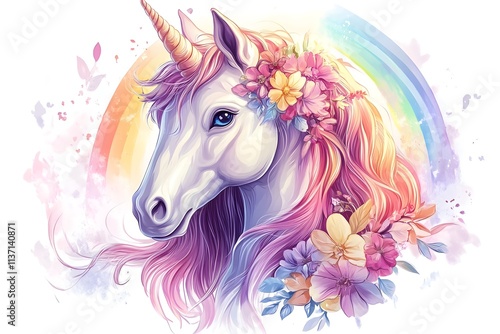 A white unicorn with a colorful mane in a fairy tale world horse, children, graphic, fantasy, pony, mane, rainbow, dream, fairy, mammal, mythology, print, silhouette, emblem, imagination, legend

