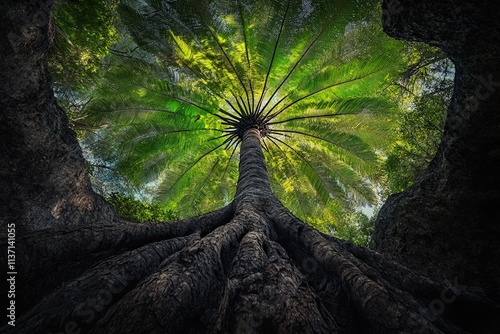 A forest scene with a large tree in the center, the tree's roots are on the surface of the soil