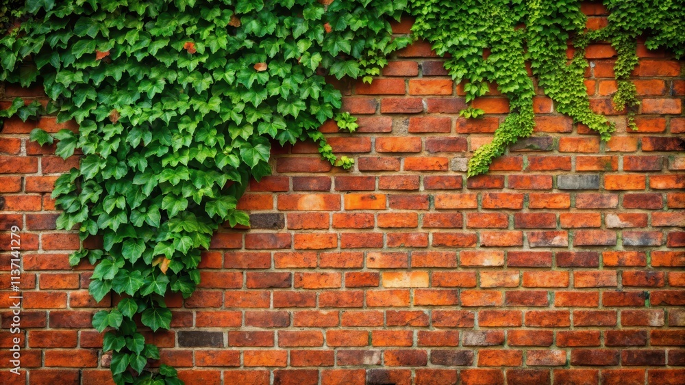 Old red brick wall with ivy vines growing up the side , old brick wall, rustic exterior Old red brick wall with ivy vines growing up the side , old brick wall, rustic exterior