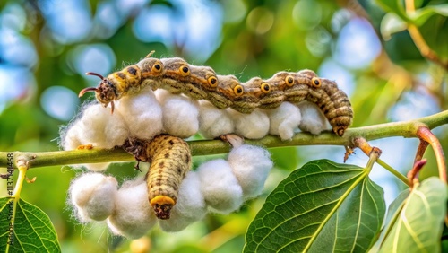 Cotton bollworms mating on a cotton tree branch with mature bolls , insects, entomology, biology, nature photo