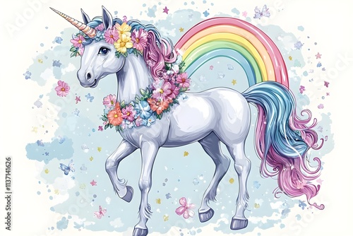 A white unicorn with a colorful mane in a fairy tale world horse, children, graphic, fantasy, pony, mane, rainbow, dream, fairy, mammal, mythology, print, silhouette, emblem, imagination, legend
