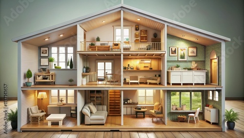 house interior doll house style cross section, small rooms, cozy living space photo