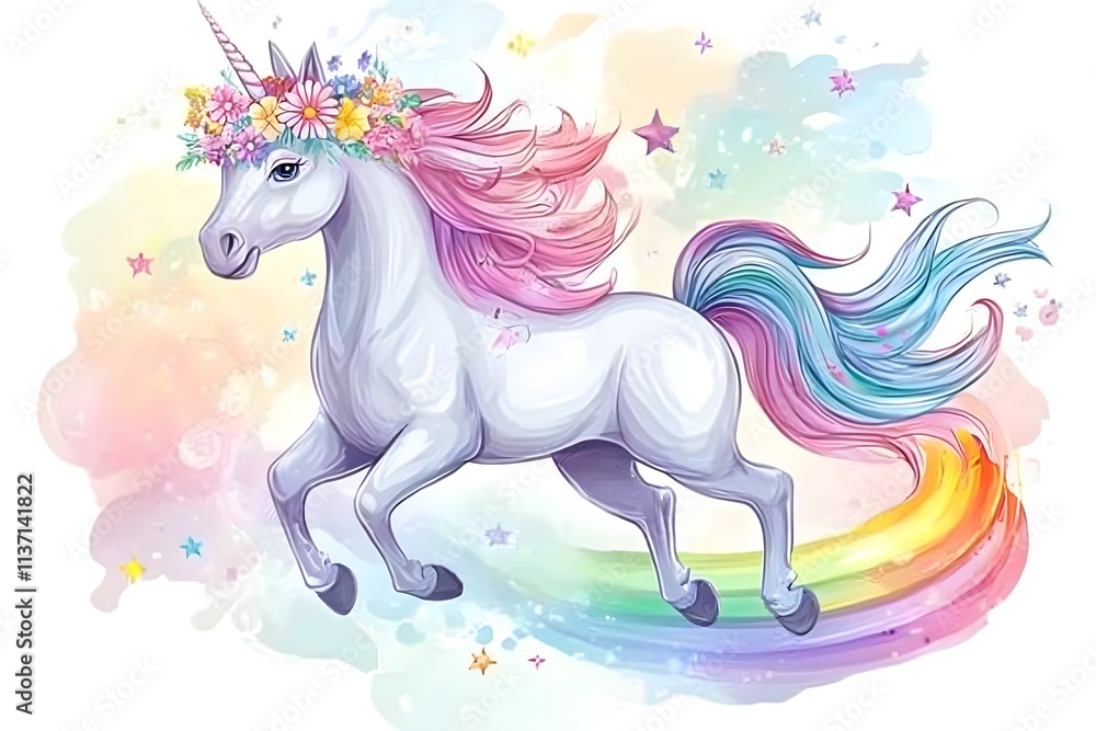 Fototapeta premium A white unicorn with a colorful mane in a fairy tale world horse, children, graphic, fantasy, pony, mane, rainbow, dream, fairy, mammal, mythology, print, silhouette, emblem, imagination, legend 