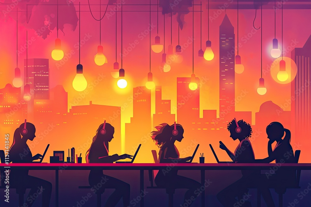 A vibrant vector illustration of diverse women working together in an open-plan office, with laptops and headphones A vibrant vector illustration of diverse women working together in an open-plan office, with laptops and headphones