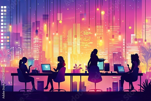 A vibrant vector illustration of diverse women working together in an open-plan office, with laptops and headphones