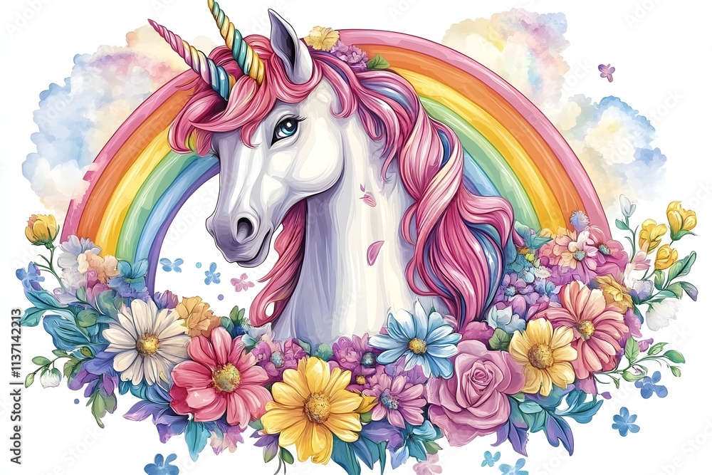 Fototapeta premium A white unicorn with a colorful mane in a fairy tale world horse, children, graphic, fantasy, pony, mane, rainbow, dream, fairy, mammal, mythology, print, silhouette, emblem, imagination, legend 