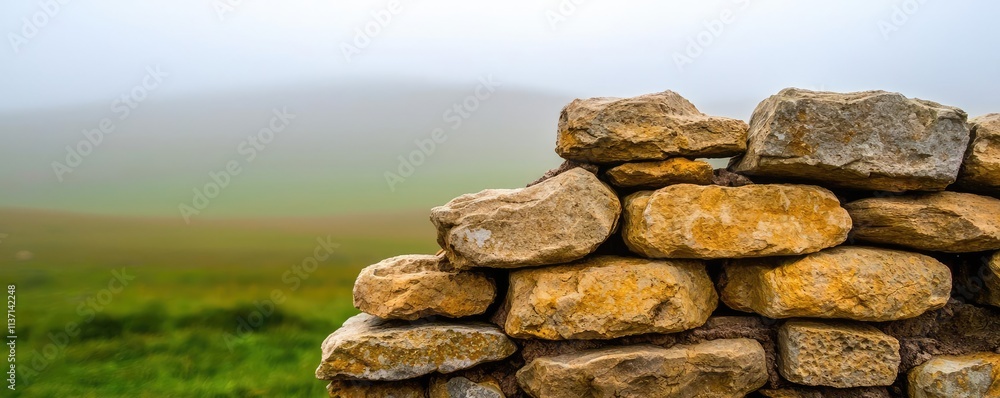 Mysterious fog concept. A rustic stone wall embraces the beauty of nature under a soft fog. Mysterious fog concept. A rustic stone wall embraces the beauty of nature under a soft fog.
