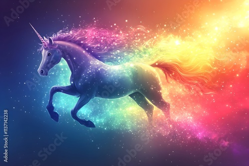A white unicorn with a colorful mane in a fairy tale world horse, children, graphic, fantasy, pony, mane, rainbow, dream, fairy, mammal, mythology, print, silhouette, emblem, imagination, legend

