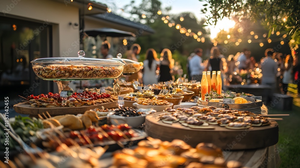 82. **Depict a stylish outdoor party with guests enjoying new and trendy food and drink products. 82. **Depict a stylish outdoor party with guests enjoying new and trendy food and drink products.