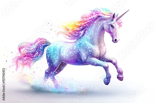 A white unicorn with a colorful mane in a fairy tale world horse, children, graphic, fantasy, pony, mane, rainbow, dream, fairy, mammal, mythology, print, silhouette, emblem, imagination, legend

