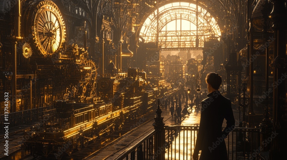 Fototapeta premium A man in a dark suit overlooks a bustling vintage train station bathed in warm, golden light. The grand architecture, classic trains, and the atmosphere of movement capture a moment of reflection and