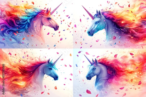 A white unicorn with a colorful mane in a fairy tale world horse, children, graphic, fantasy, pony, mane, rainbow, dream, fairy, mammal, mythology, print, silhouette, emblem, imagination, legend
