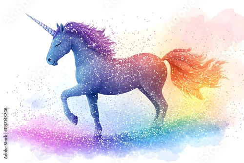 A white unicorn with a colorful mane in a fairy tale world horse, children, graphic, fantasy, pony, mane, rainbow, dream, fairy, mammal, mythology, print, silhouette, emblem, imagination, legend
