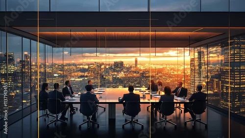 Silhouette of business people in a meeting room with a beautiful city view and sunset over the city.