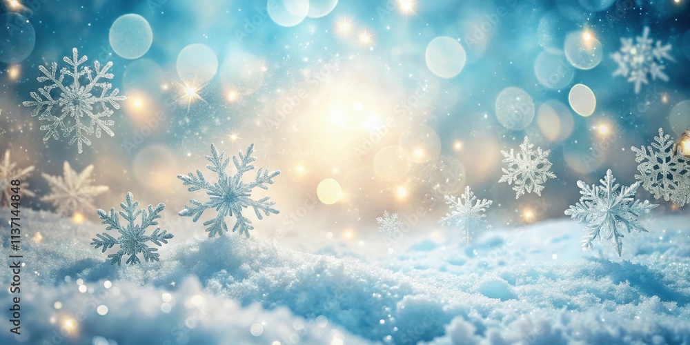 Naklejka premium Winter Landscape with Sparkling Snowflakes in a Soft Light Background, winter snowflake