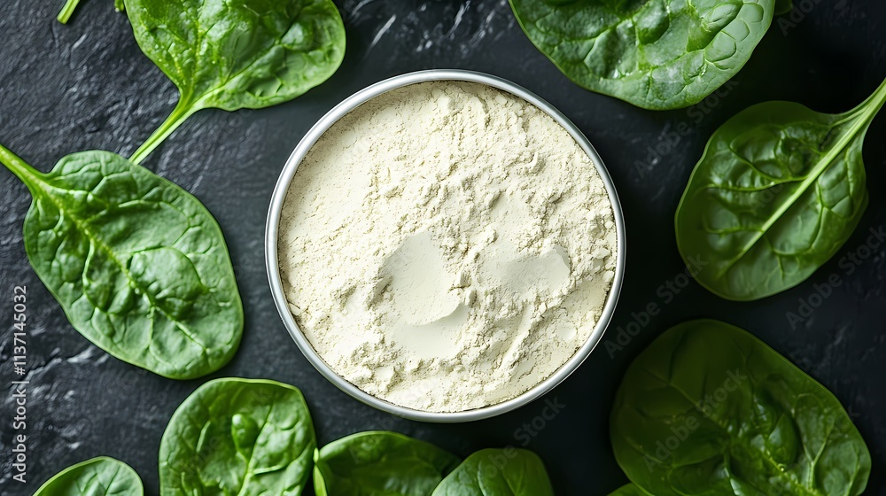 Obraz premium Top view of spinach powder in a bowl, surrounded by fresh spinach leaves on a dark background.