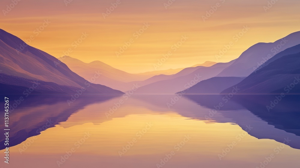 Serene Sunset Over Calm Lake and Mountain Range Serene Sunset Over Calm Lake and Mountain Range