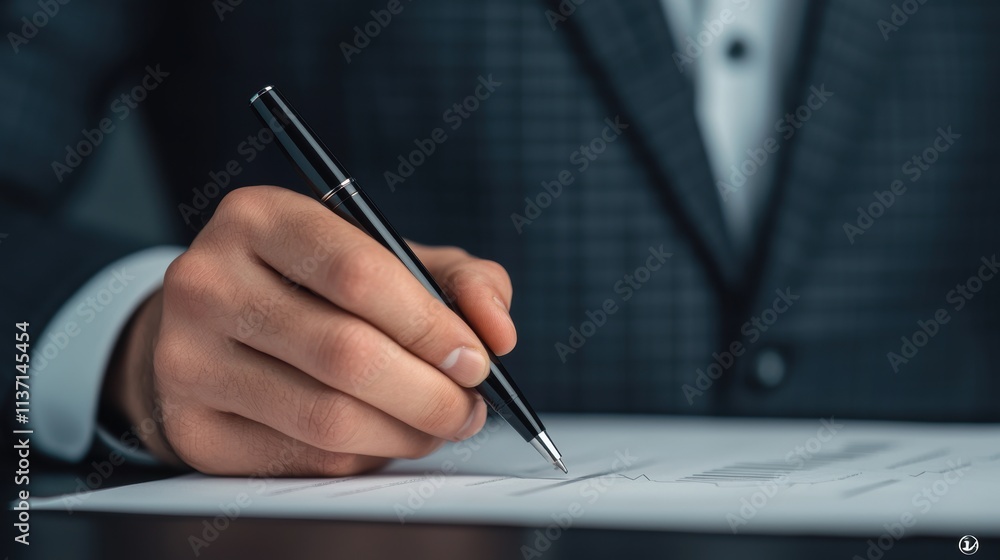 Businessman Writing with Pen on Document in Elegant Office Setting Businessman Writing with Pen on Document in Elegant Office Setting