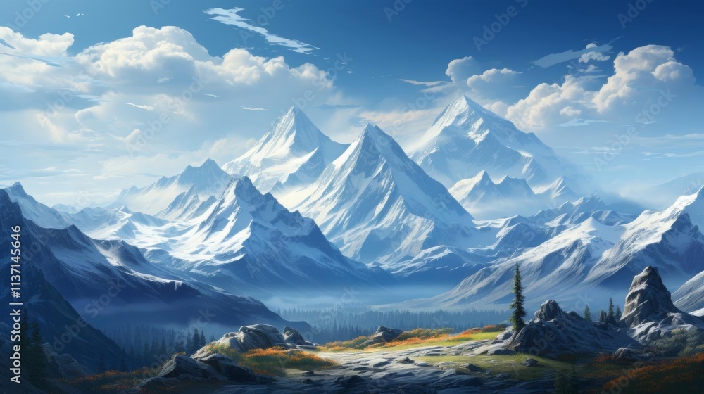 A mountain range with snow-covered peaks and a clear blue sky A mountain range with snow-covered peaks and a clear blue sky