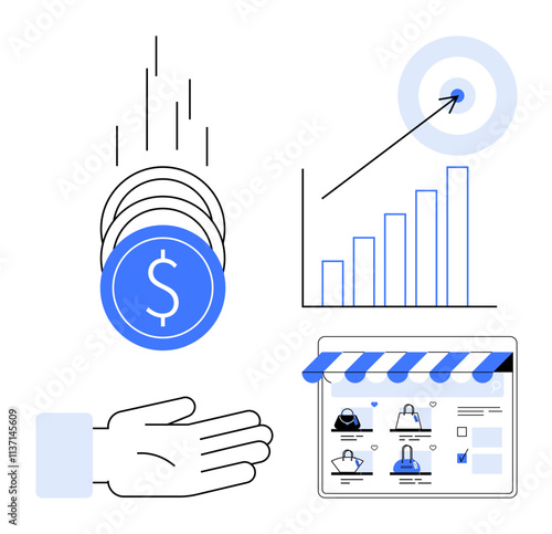 Falling coins towards hand, financial bar chart with upward trend, target with arrow in center, online shopping page with products. Ideal for finance, eCommerce, growth, success, investment goals