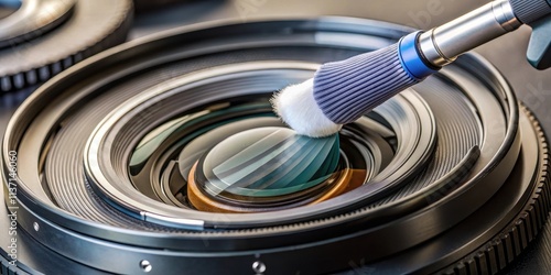 Detailed lens cleaning process on a camera equipment, cleaning lens photo