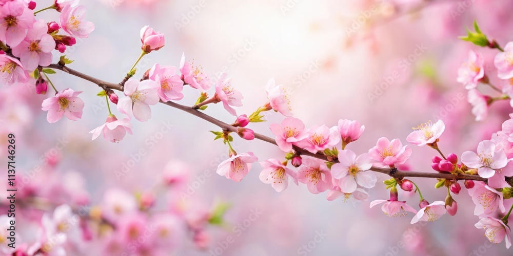 Pink cherry blossom branches against a soft white background Pink cherry blossom branches against a soft white background