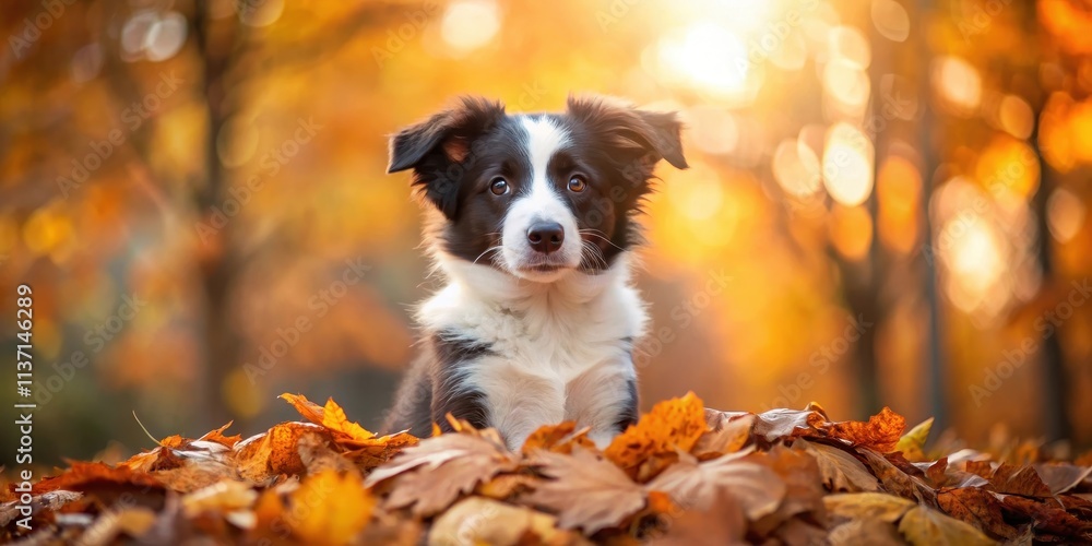 puppy border collie sitting on a pile of fallen leaves in autumn, autumn leaves, border collie puppy border collie sitting on a pile of fallen leaves in autumn, autumn leaves, border collie