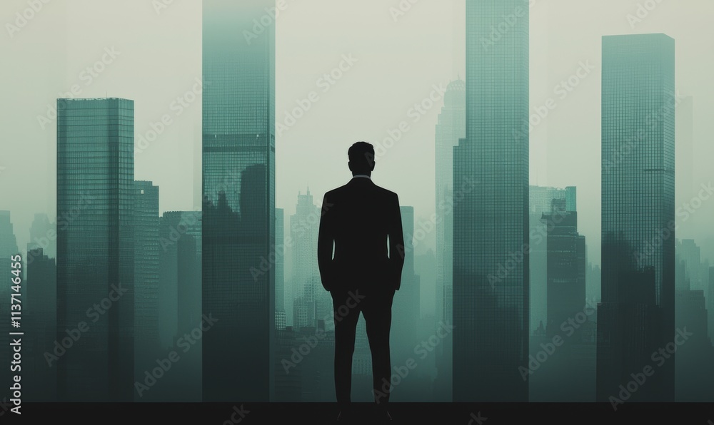 Businessman Silhouette Facing Urban Skyline at Dusk in Green Tones Businessman Silhouette Facing Urban Skyline at Dusk in Green Tones