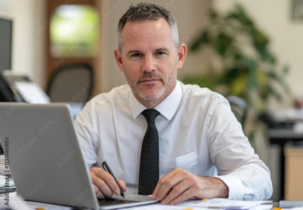 Professional Man in Office Setting Working on Laptop with Focus