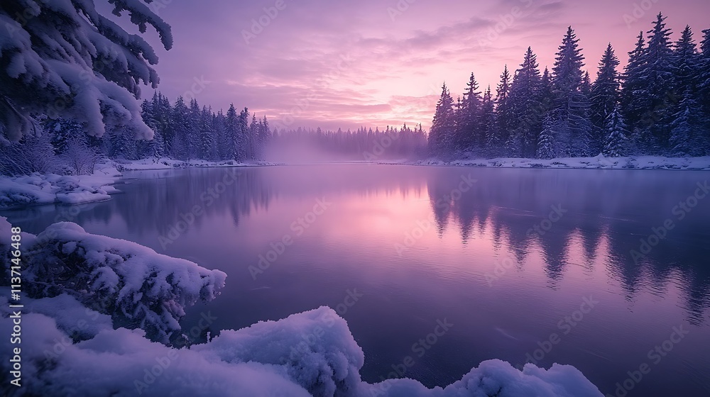 Fototapeta premium Serene Winter Sunset Over Snow Covered River And Forest
