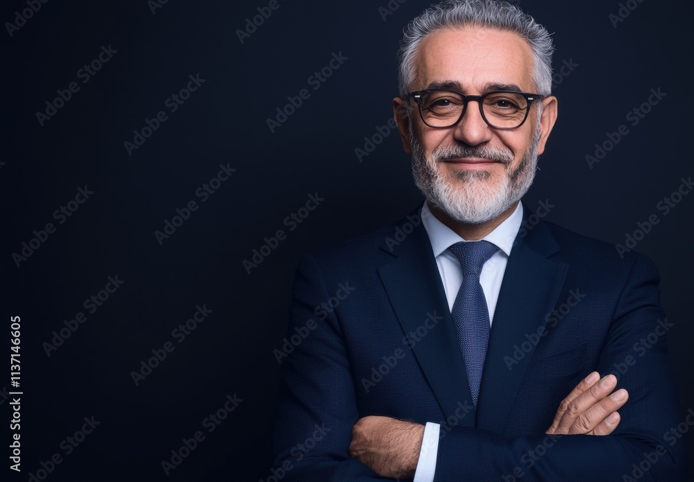 Confident Mature Businessman with Beard and Glasses on Dark Background Confident Mature Businessman with Beard and Glasses on Dark Background