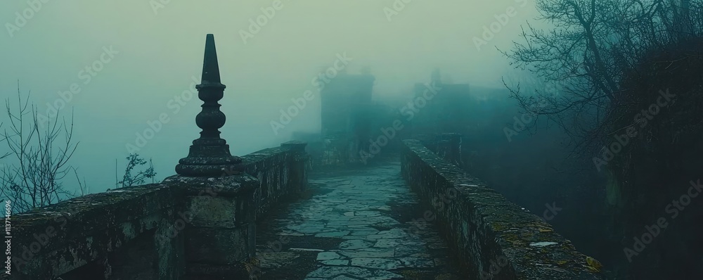Mysterious fog concept. Mysterious foggy pathway leading to an ancient fortress, evoking suspense and enchantment. Mysterious fog concept. Mysterious foggy pathway leading to an ancient fortress, evoking suspense and enchantment.