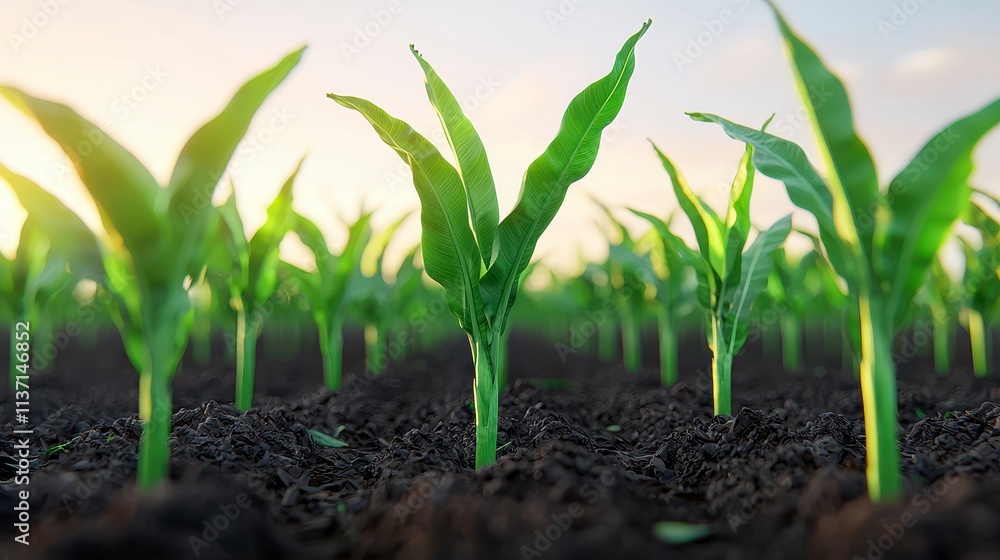 Young Corn Plants Growing in Rich Soil at Sunrise Young Corn Plants Growing in Rich Soil at Sunrise