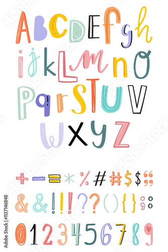Doodle alphabets, punctuations, numbers png typography set